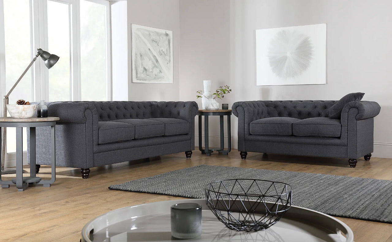 Chesterfield Sofa Set : Slate Grey Fabric 3 Seater Chesterfield Sofa