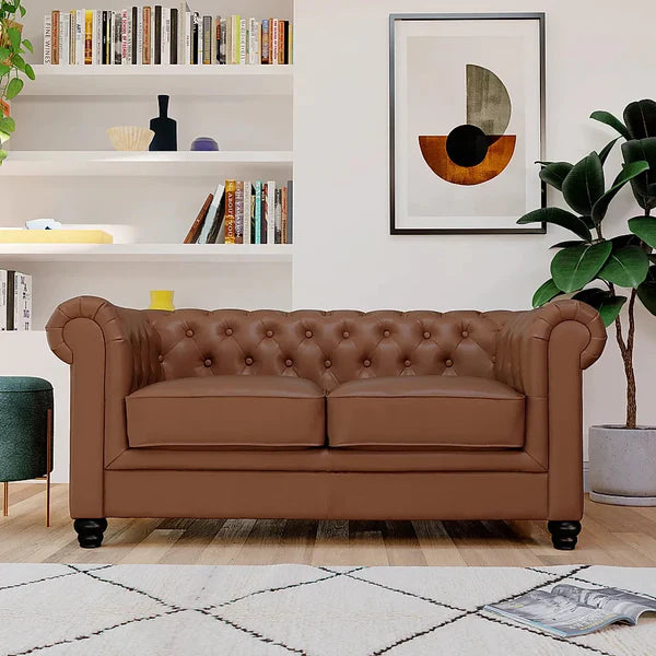 Chesterfield Sofa Set: Chestnut Leatherette 2 Seater Sofa Set