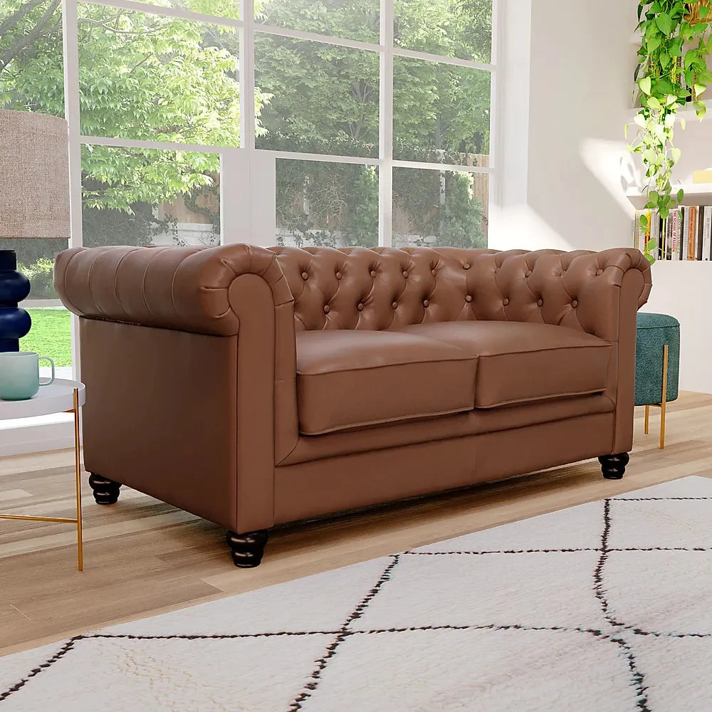 Chesterfield Sofa Set: Chestnut Leatherette 2 Seater Sofa Set