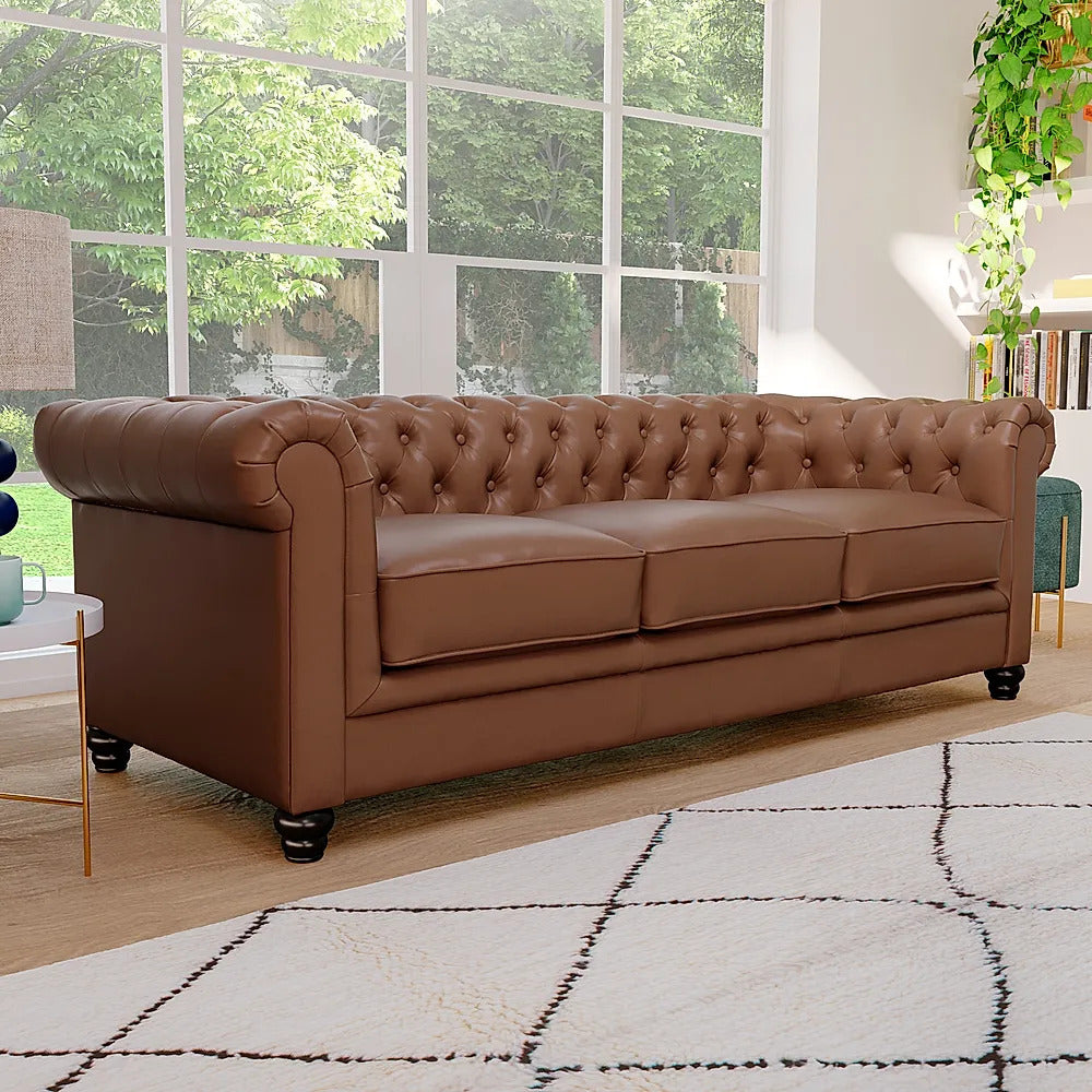 Chesterfield Sofa Set: Tan Leatherette 3+2 Seater