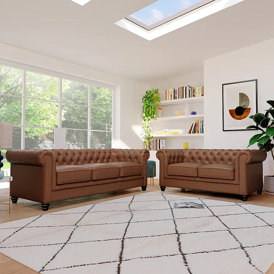 Chesterfield Sofa Set: Tan Leatherette 3+2 Seater