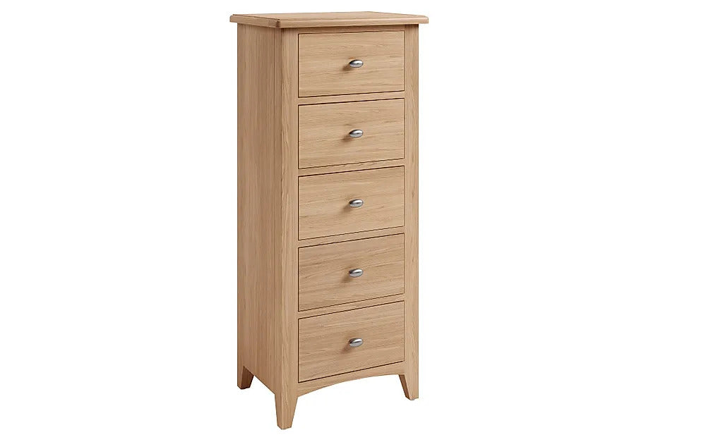 Chest of Drawers: Oak Tall Narrow 5 Drawer
