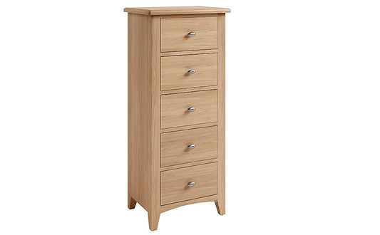 Chest of Drawers: Oak  Tall Narrow 5 Drawer