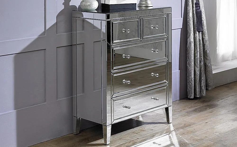 Chest of Drawers: Valencia Mirrored 5 Drawer Chest of Drawers