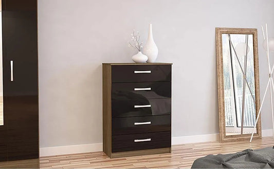 Chest of Drawers Walnut and Black High Gloss 5 Drawer