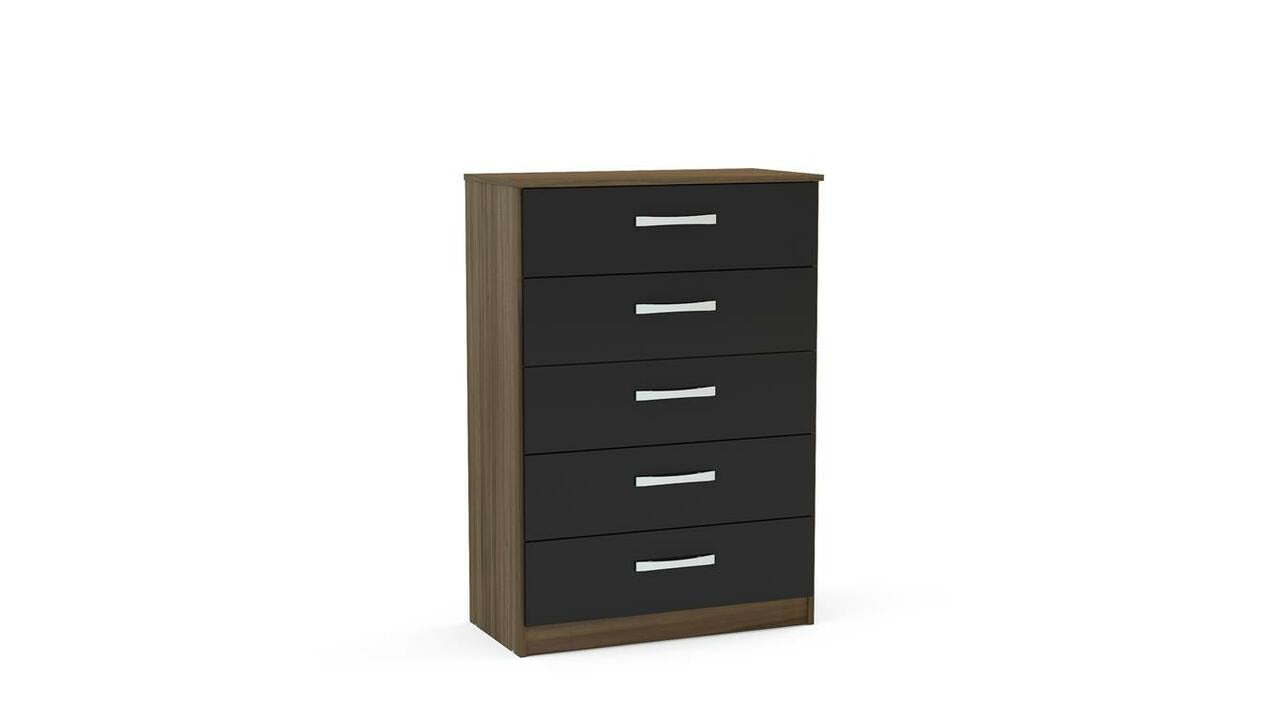 Chest of Drawers: Walnut and Black High Gloss 5 Drawer