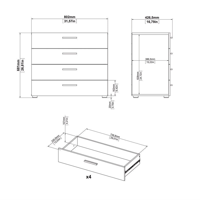 Chest of Drawers White High Gloss 4 Drawer