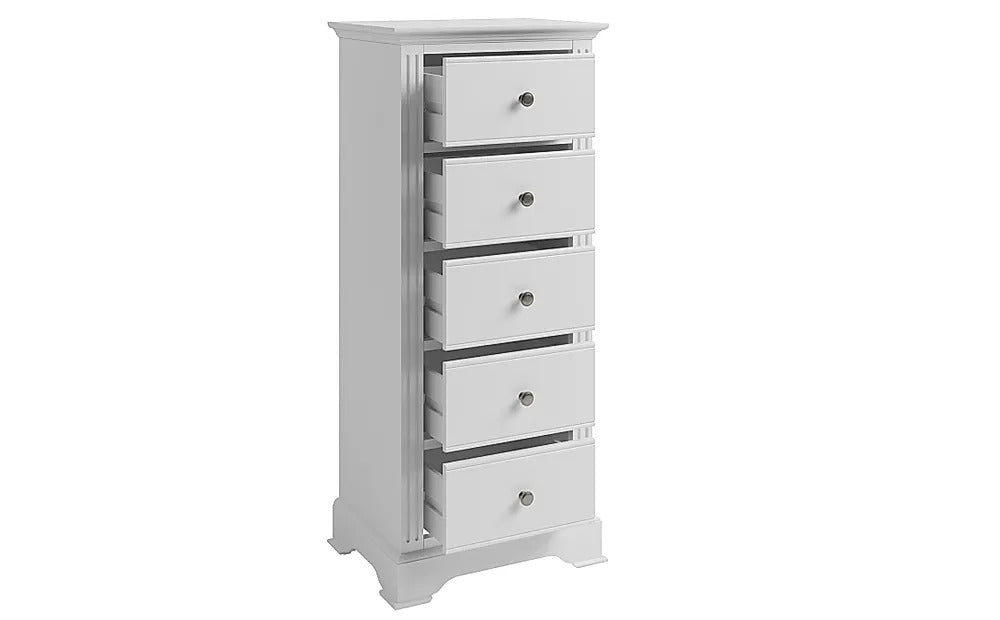 Chest of Drawers White Tall Narrow 5 Drawer