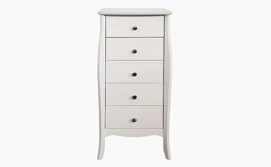 Chest of Drawers:  White Tall Narrow 5 Drawer Chest of Drawers
