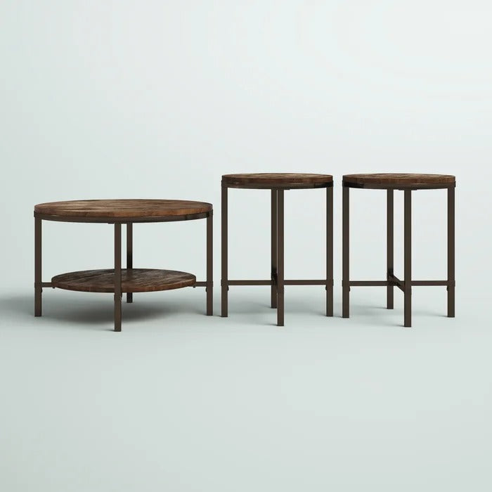 Coffee Table Set: Round Wooden 3 Piece Coffee Table Set