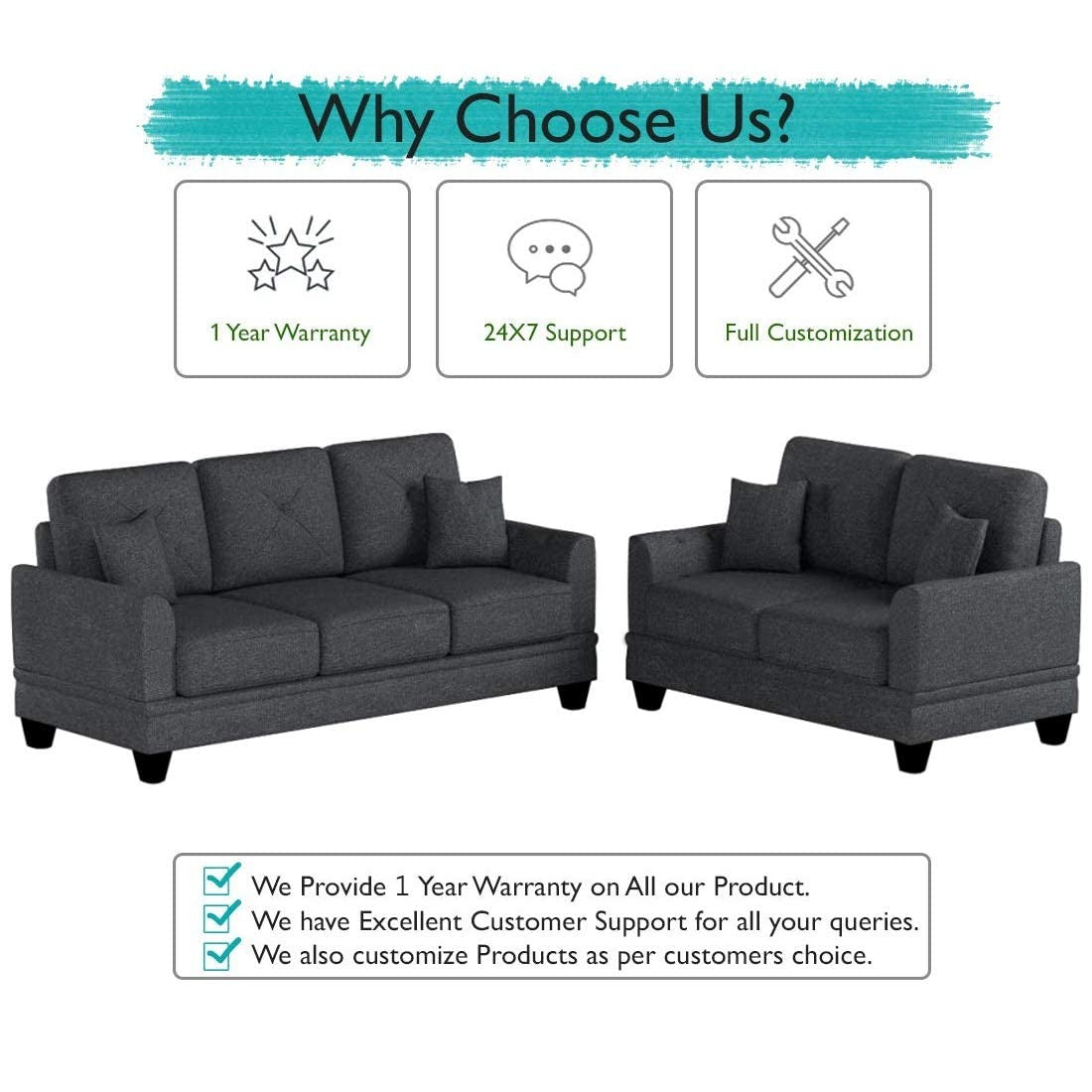 5 Seater Sofa Set: Combination of 3 Seater Sofa & 2 Seater Sofa Set (Dark Grey)