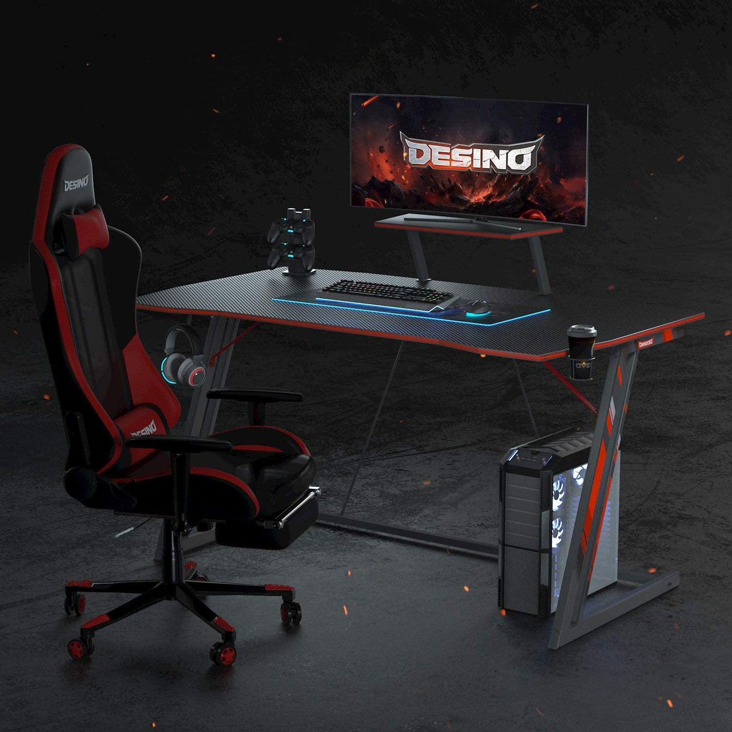 Computer Table Gaming Table Z Shaped Gamer with Cup Holder and Headphone Hook, Black