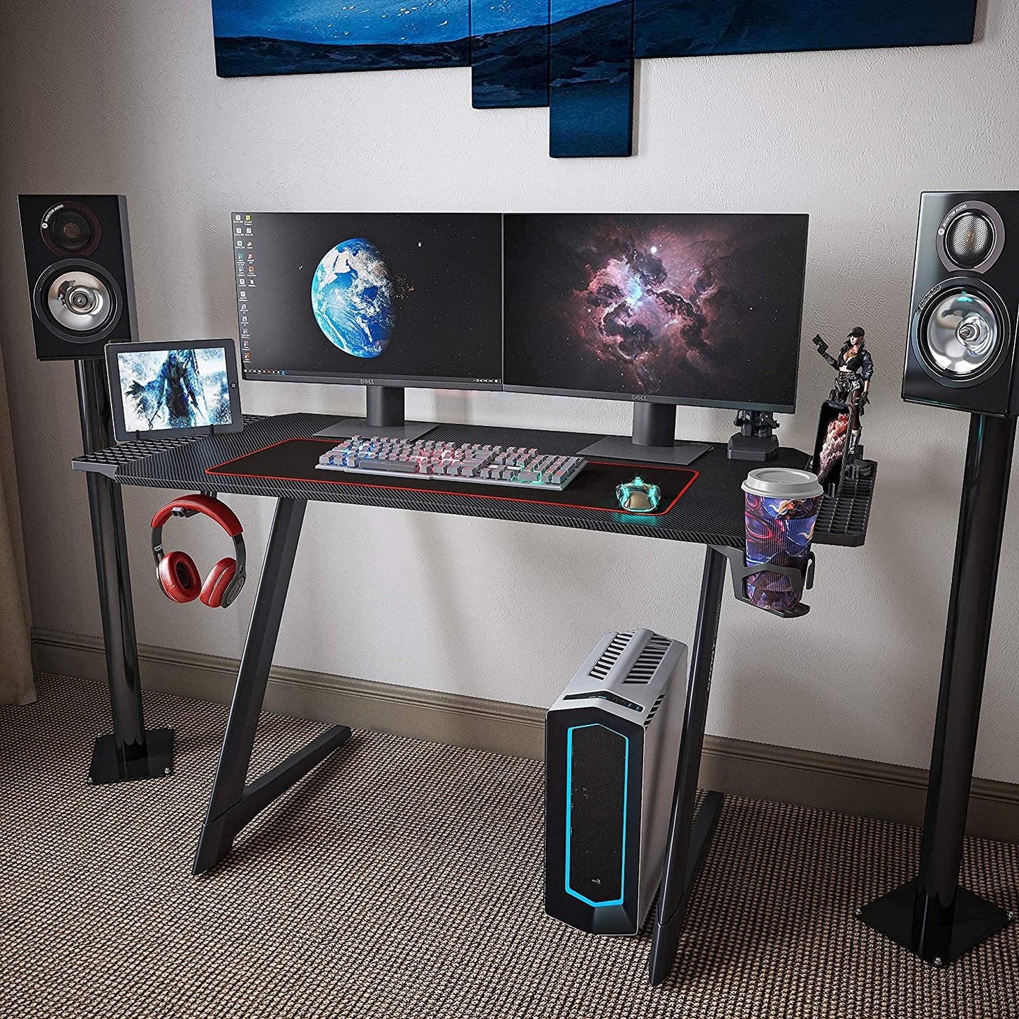 Computer Table Home Office with Cup Holder and Headphone Hook (Jet Black)
