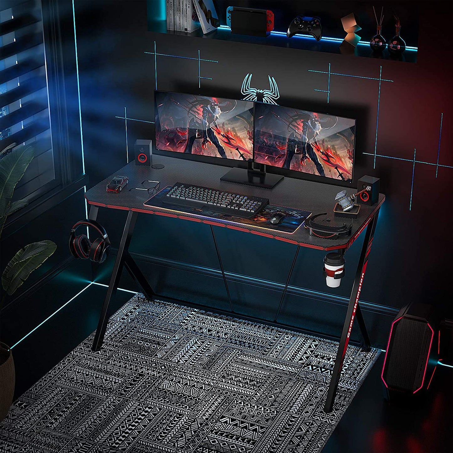Computer Table: Y Shaped Gaming Computer Table with Cup Holder and Headphone Hook