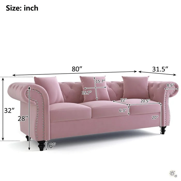 Couch: 80'' Rolled Arm Chesterfield Sofa