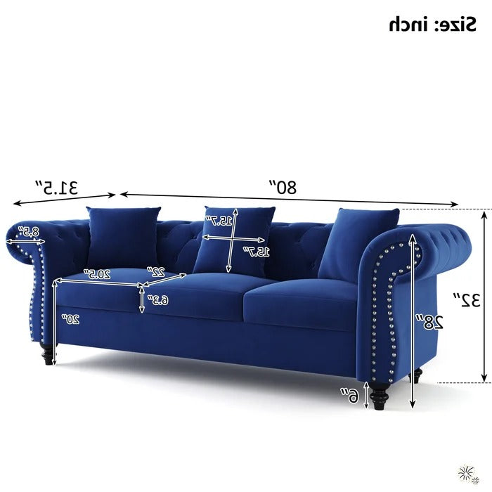 Couch: 80'' Rolled Arm Chesterfield Sofa