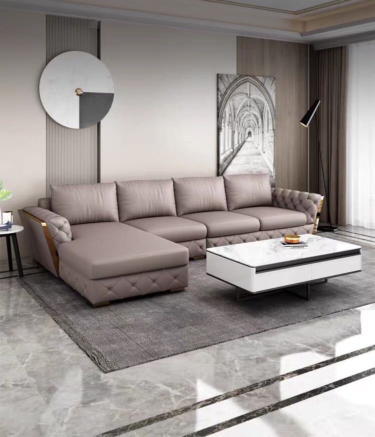 Designer Sofa Set:- L-Shape Luxury Furniture Sofa Set For Home, Fabric (Light Grey)