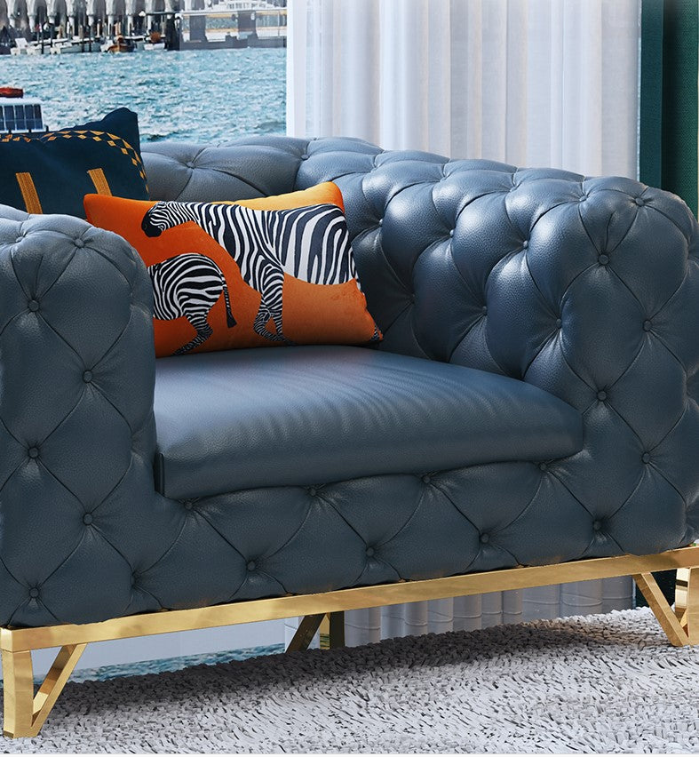 Designer Sofa Set:- Chesterfield Navy Blue Leatherette Luxury Furniture Sofa Set