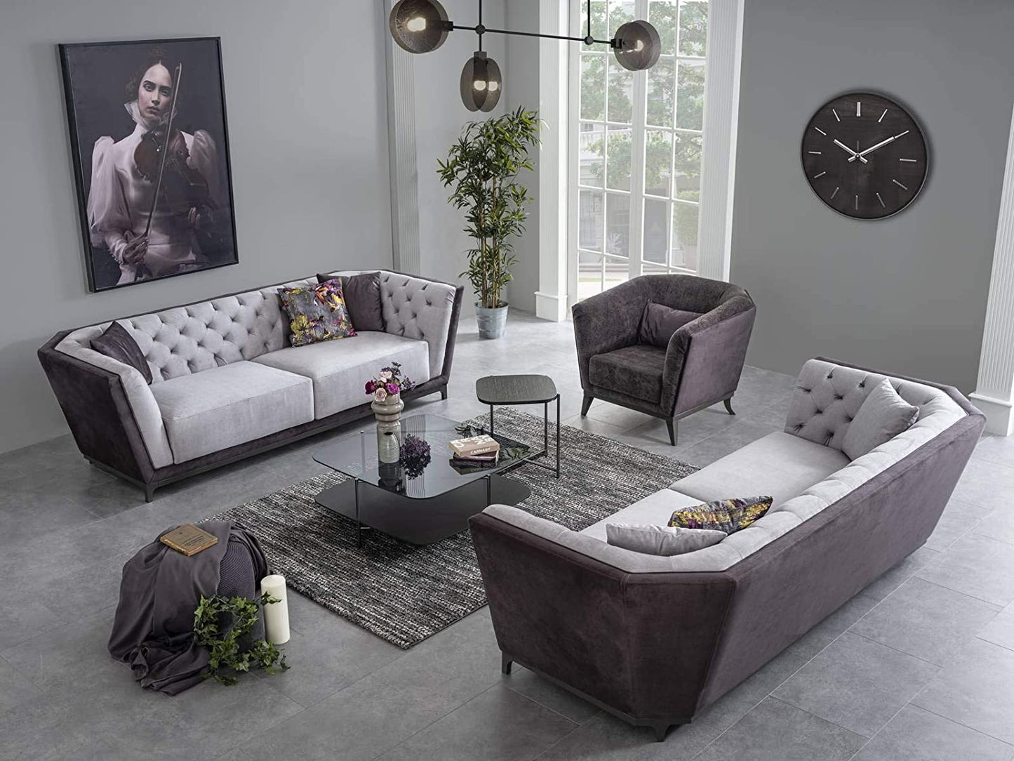 Designer Sofa Set:- Maverick 2+2+1 Suede Fabric 5 Seater Sofa Set Luxury Furniture (Light & Dark Grey)