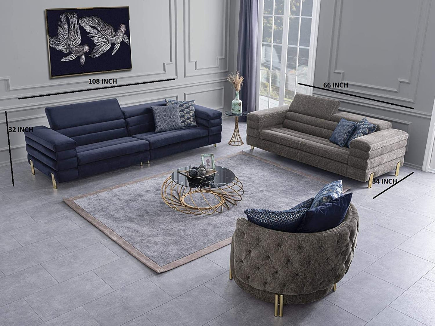 Designer Sofa Set:- 4+2+1 Fabric 7 Seater Luxury Furniture Sofa Set (Grey & Blue)
