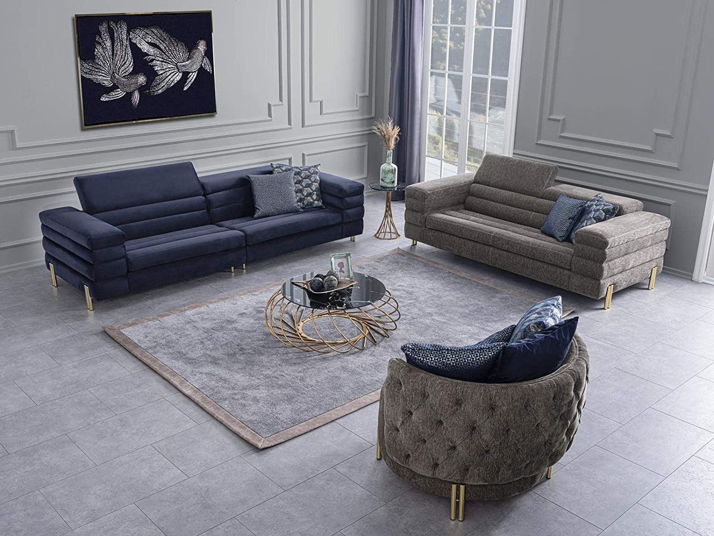 Designer Sofa Set:- 4+2+1 Fabric 7 Seater Luxury Furniture Sofa Set (Grey & Blue)