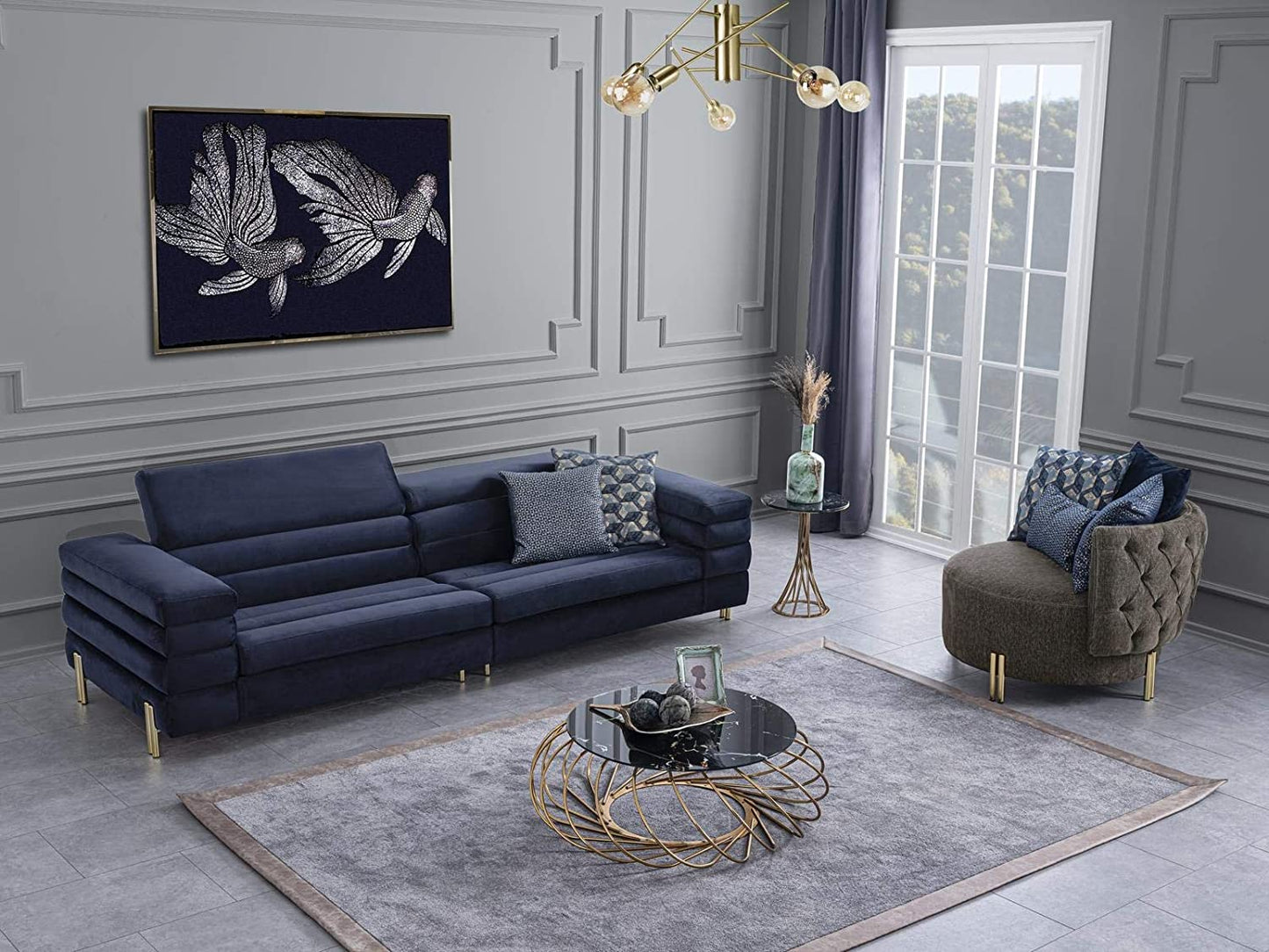 Designer Sofa Set:- 4+2+1 Fabric 7 Seater Luxury Furniture Sofa Set (Grey & Blue)