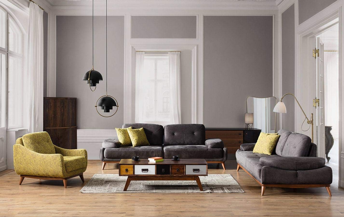 Designer Sofa Set:- 2+2+1 Fabric 6 Seater Luxury Furniture Sofa Set with Arms Chair (Yellow Printed, Dark Grey)