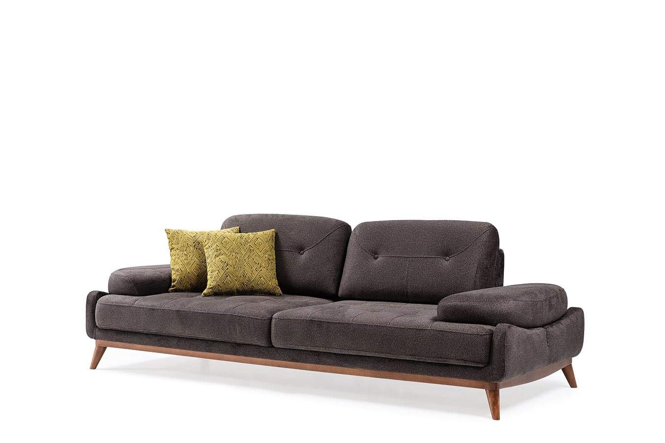 Designer Sofa Set:- 2+2+1 Fabric 6 Seater Luxury Furniture Sofa Set with Arms Chair (Yellow Printed, Dark Grey)