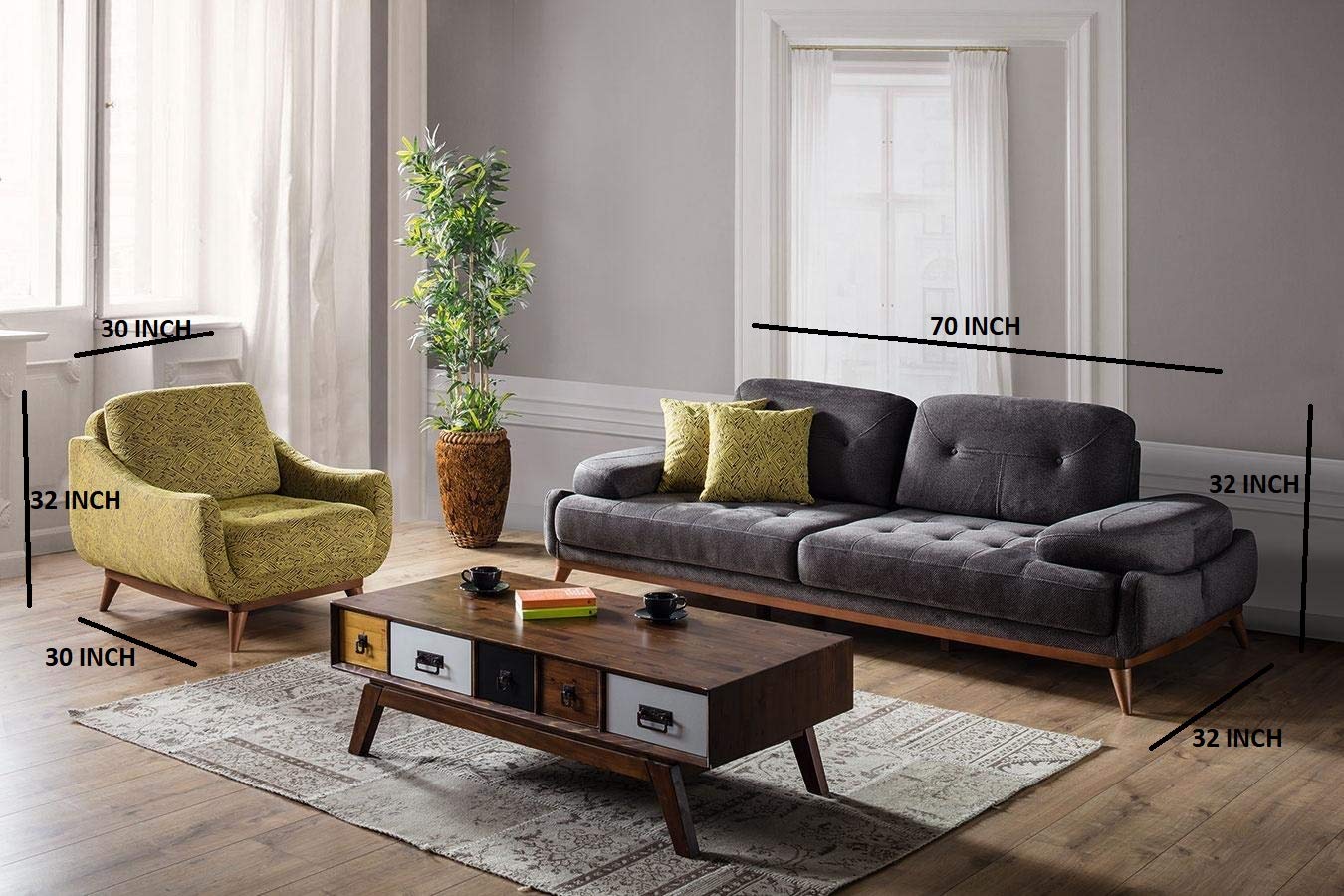 Designer Sofa Set:- 2+2+1 Fabric 6 Seater Luxury Furniture Sofa Set with Arms Chair (Yellow Printed, Dark Grey)