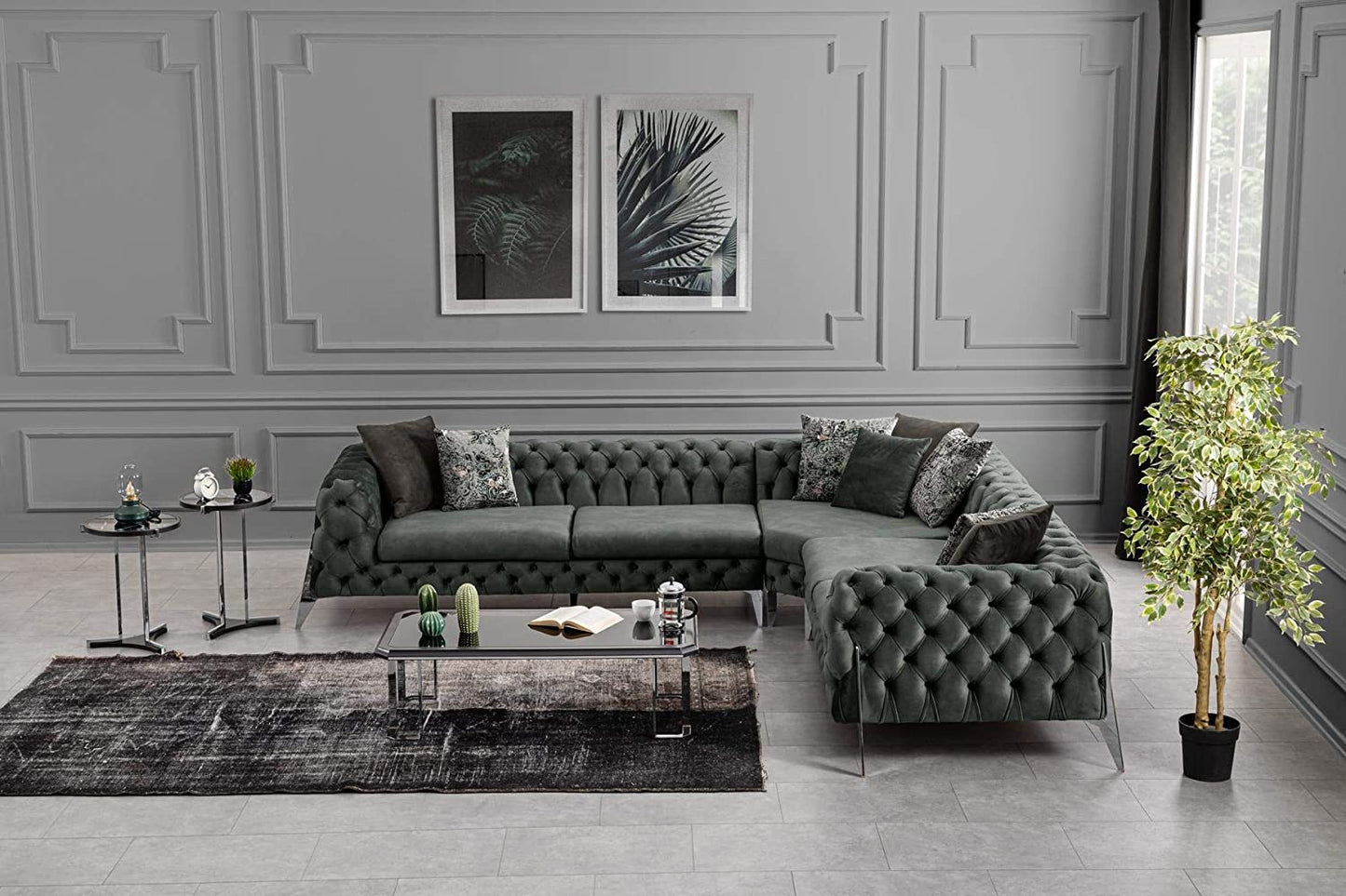 Designer Sofa Set:- Liberty L Shape Suede Fabric 6 Seater Luxury Furniture Sofa Set (Olive Green)