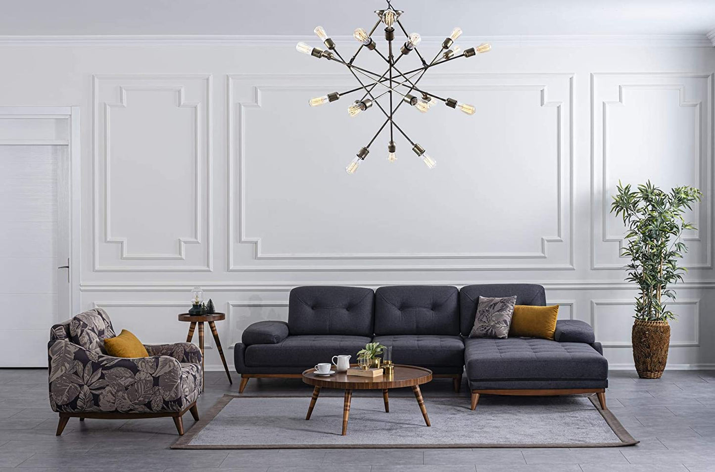 Designer Sofa Set:- L Shape Fabric 5 Seater Luxury Furniture Sofa Set with arm Chair (Printed, Dark Grey)