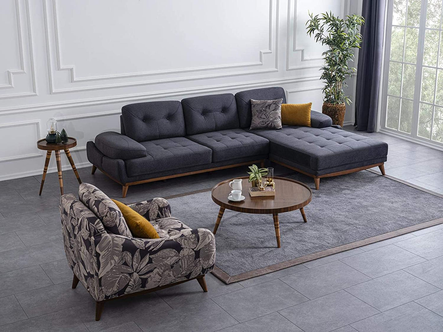 Designer Sofa Set:- L Shape Fabric 5 Seater Luxury Furniture Sofa Set with arm Chair (Printed, Dark Grey)