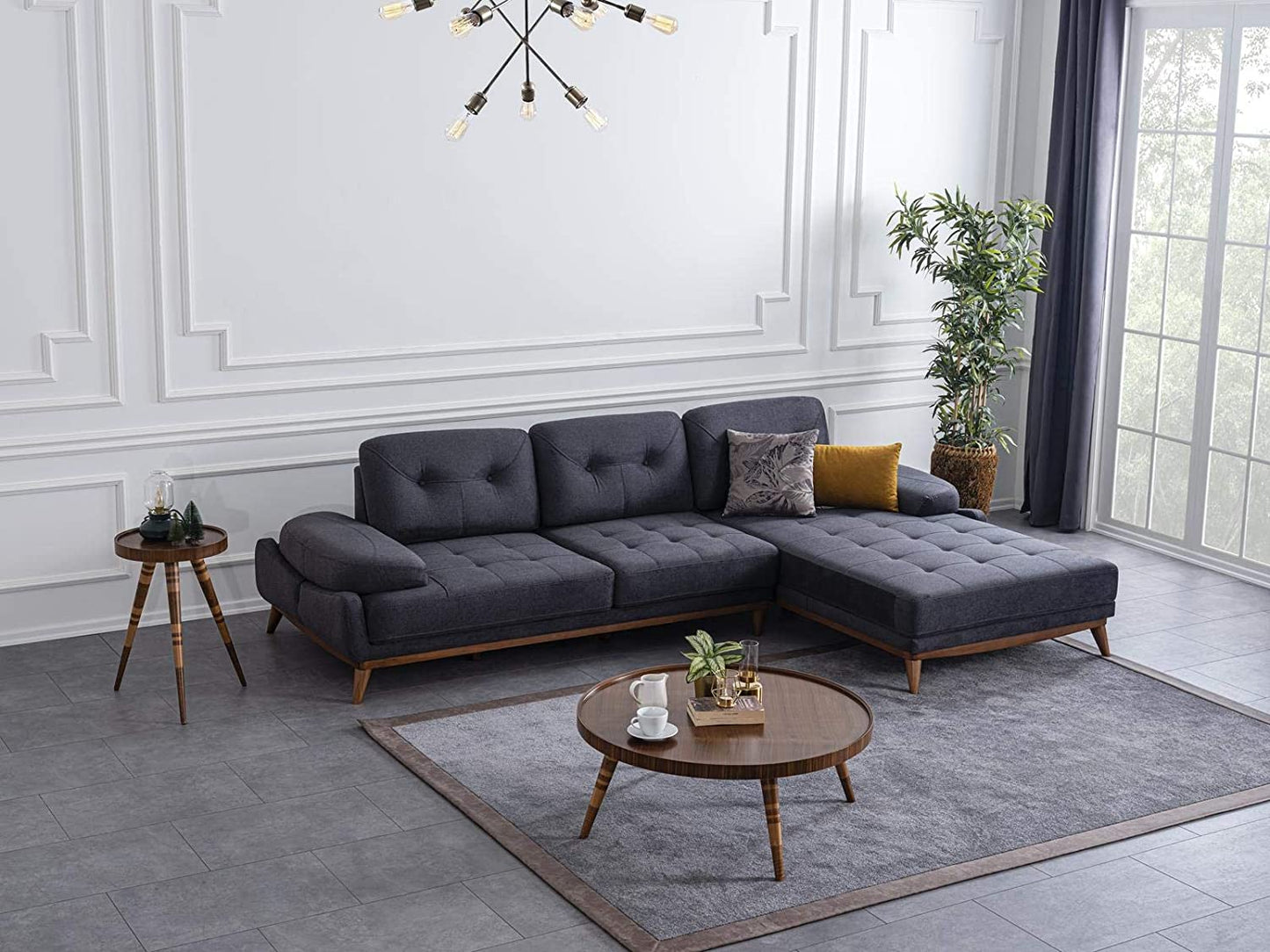 Designer Sofa Set:- L Shape Fabric 5 Seater Luxury Furniture Sofa Set with arm Chair (Printed, Dark Grey)