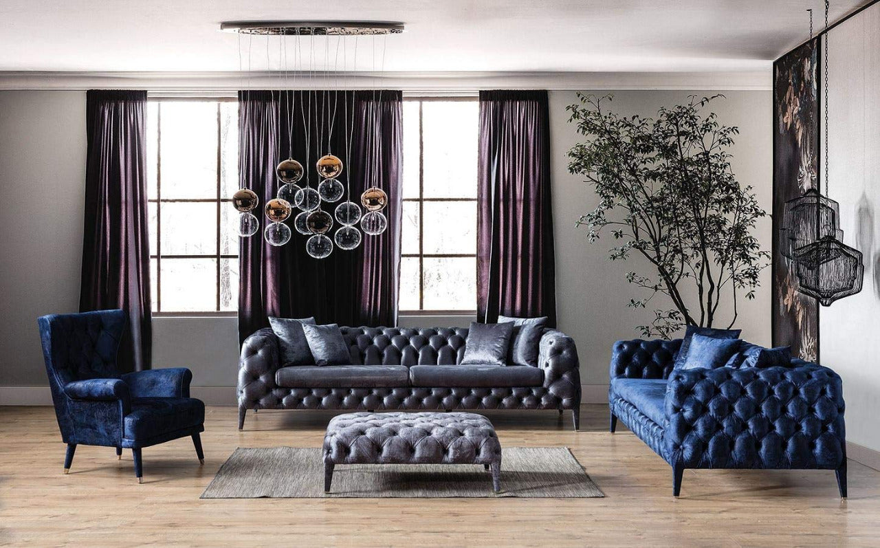Designer Sofa Set:- 2+2+1 Fabric 5 Seater Luxury Furniture Sofa Set (Grey & Blue)