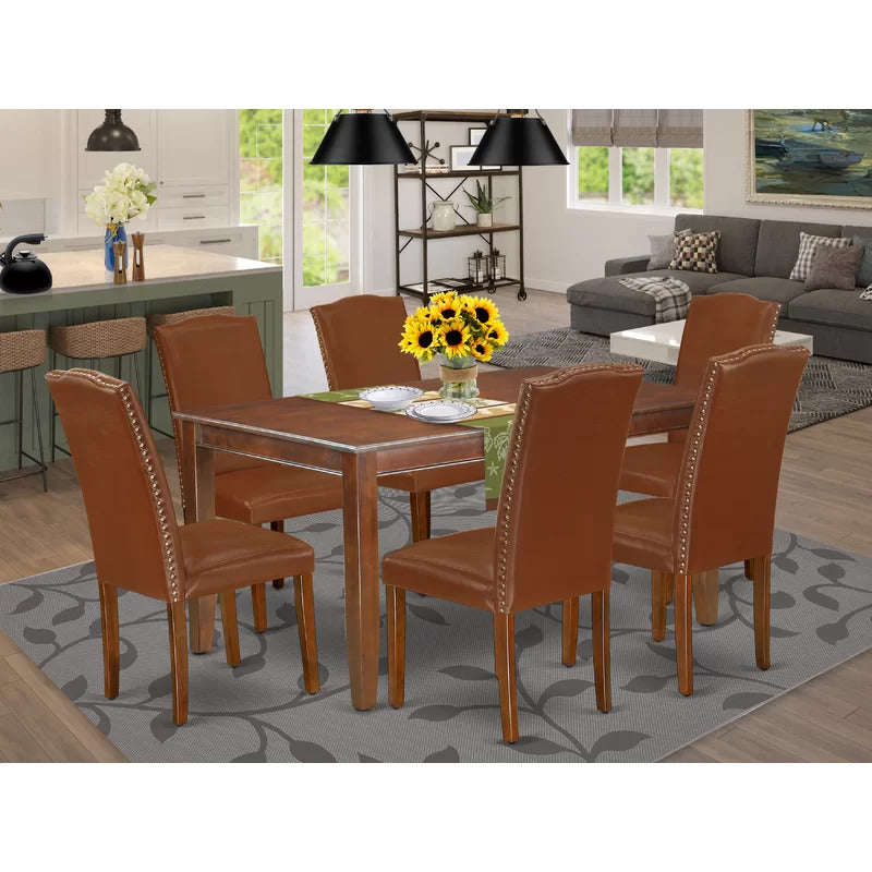 Dining Set: Dining Table with 6 Chairs Rubberwood Solid Wood Dining Set