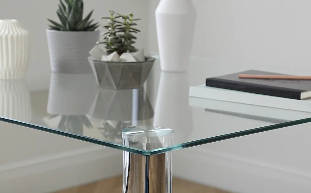Dining Set : Eva Square Glass and Chrome Dining Table with 4 Leon Stone Grey Leatherette Chairs