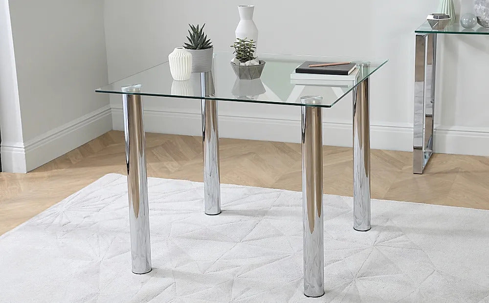 Dining Set : Eva Square Glass and Chrome Dining Table with 4 Leon Stone Grey Leatherette Chairs