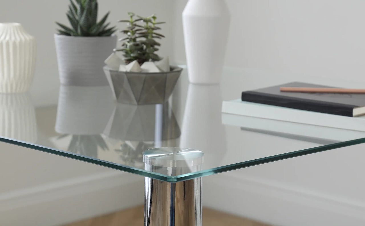 Dining Set : Eva Square Glass and Chrome Dining Table with 4 Leon Stone Grey Leatherette Chairs