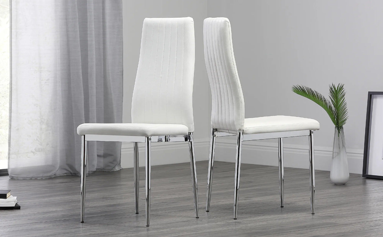Dining Set : Eva Square Glass and Chrome Dining Table with 4 Leon Stone Grey Leatherette Chairs