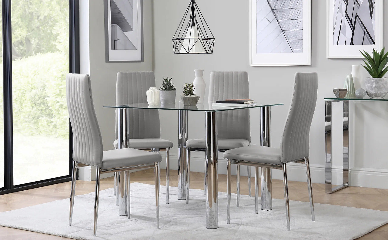Dining Set : Eva Square Glass and Chrome Dining Table with 4 Leon Stone Grey Leatherette Chairs