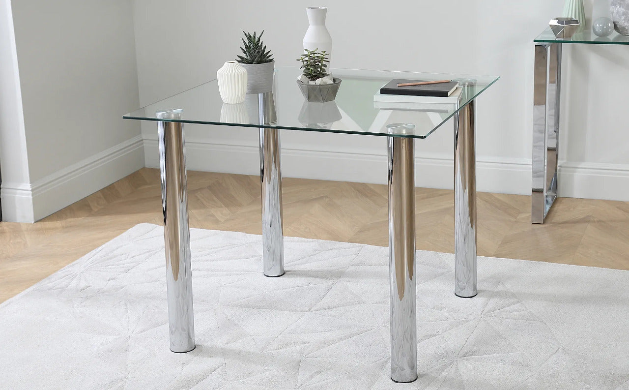Dining Set : Eva Square Glass and Chrome Dining Table with 4 Leon Stone Grey Leatherette Chairs