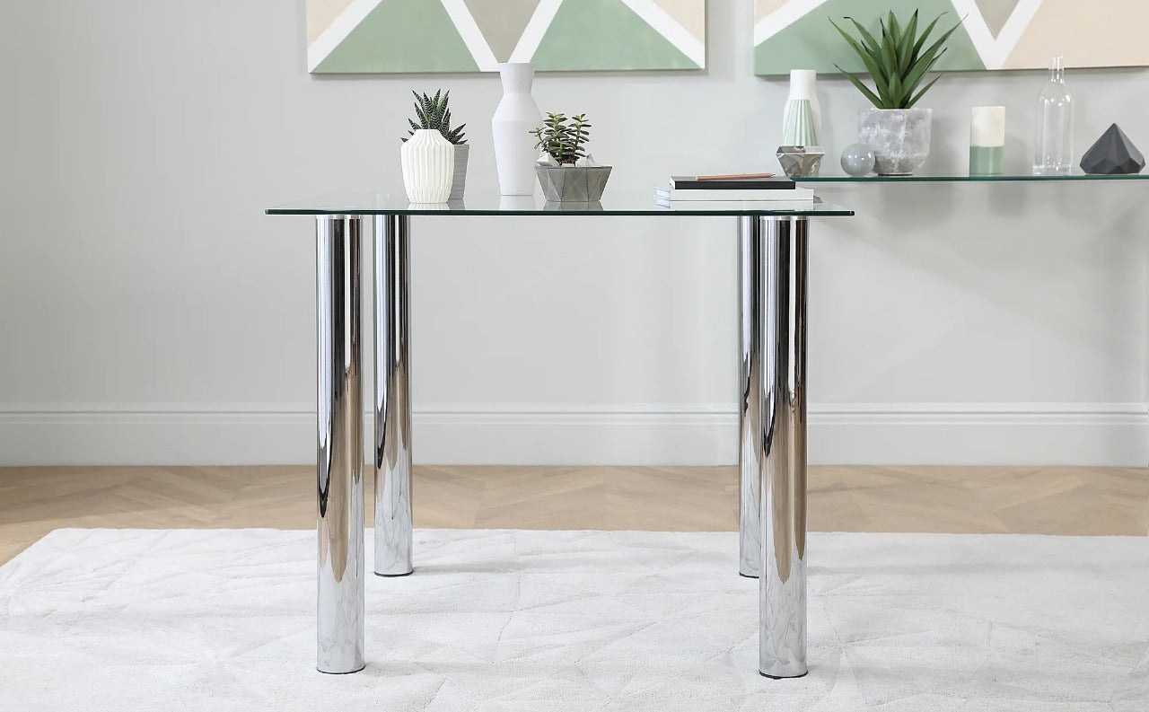 Dining Set : Eva Square Glass and Chrome Dining Table with 4 Leon Stone Grey Leatherette Chairs