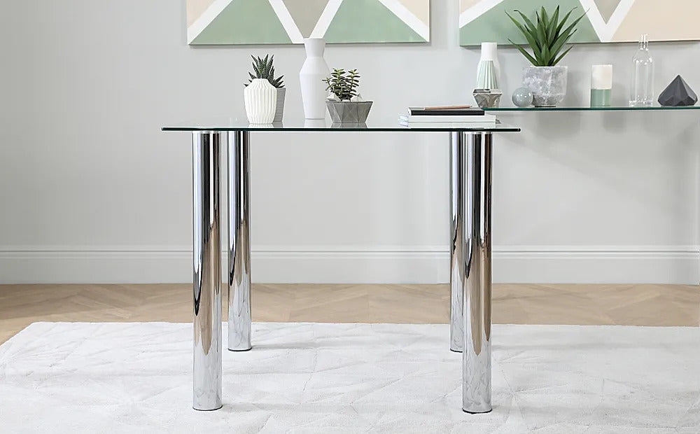 Dining Set : Eva Square Glass and Chrome Dining Table with 4 Leon Stone Grey Leatherette Chairs