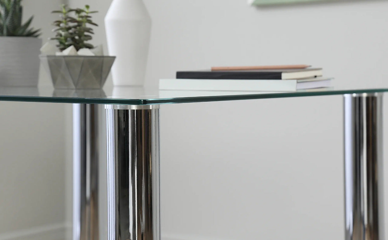 Dining Set : Eva Square Glass and Chrome Dining Table with 4 Leon Stone Grey Leatherette Chairs