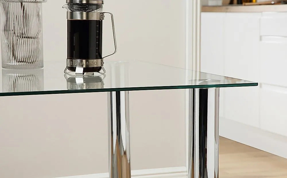 Dining Set : Eva Square Glass and Chrome Dining Table with 4 Leon Stone Grey Leather Chairs