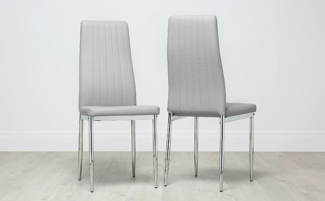 Dining Set : Eva Square Glass and Chrome Dining Table with 4 Leon Stone Grey Leather Chairs