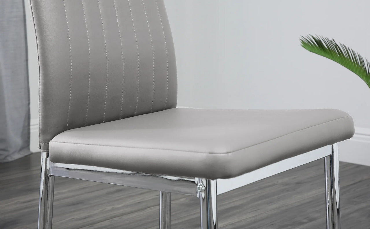 Dining Set : Eva Square Glass and Chrome Dining Table with 4 Leon Stone Grey Leather Chairs