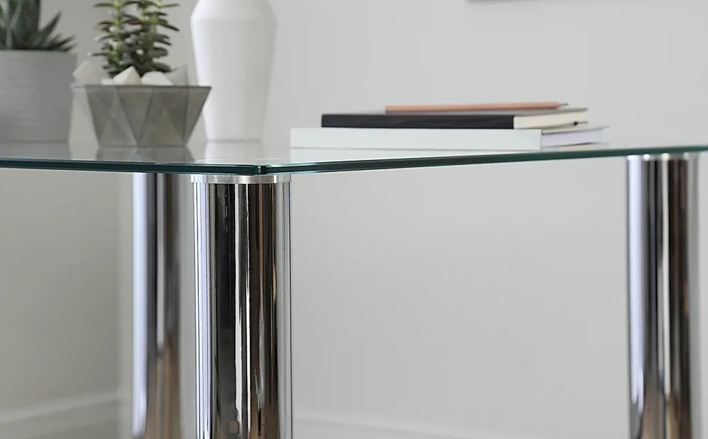 Dining Set : Eva Square Glass and Chrome Dining Table with 4 Leon Stone Grey Leatherette Chairs