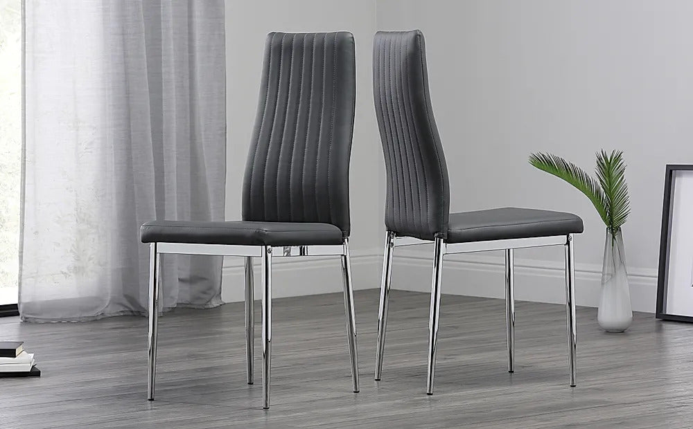 Dining Set : Eva Square Glass and Chrome Dining Table with 4 Leon Stone Grey Leatherette Chairs