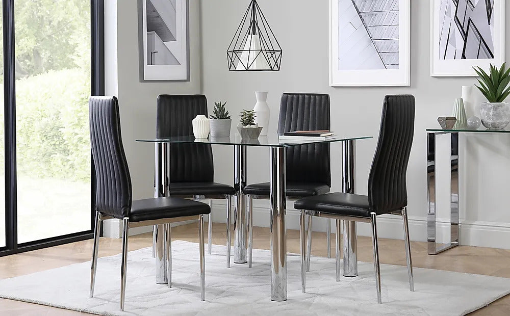 Dining Set : Eva Square Glass and Chrome Dining Table with 4 Leon Stone Grey Leatherette Chairs